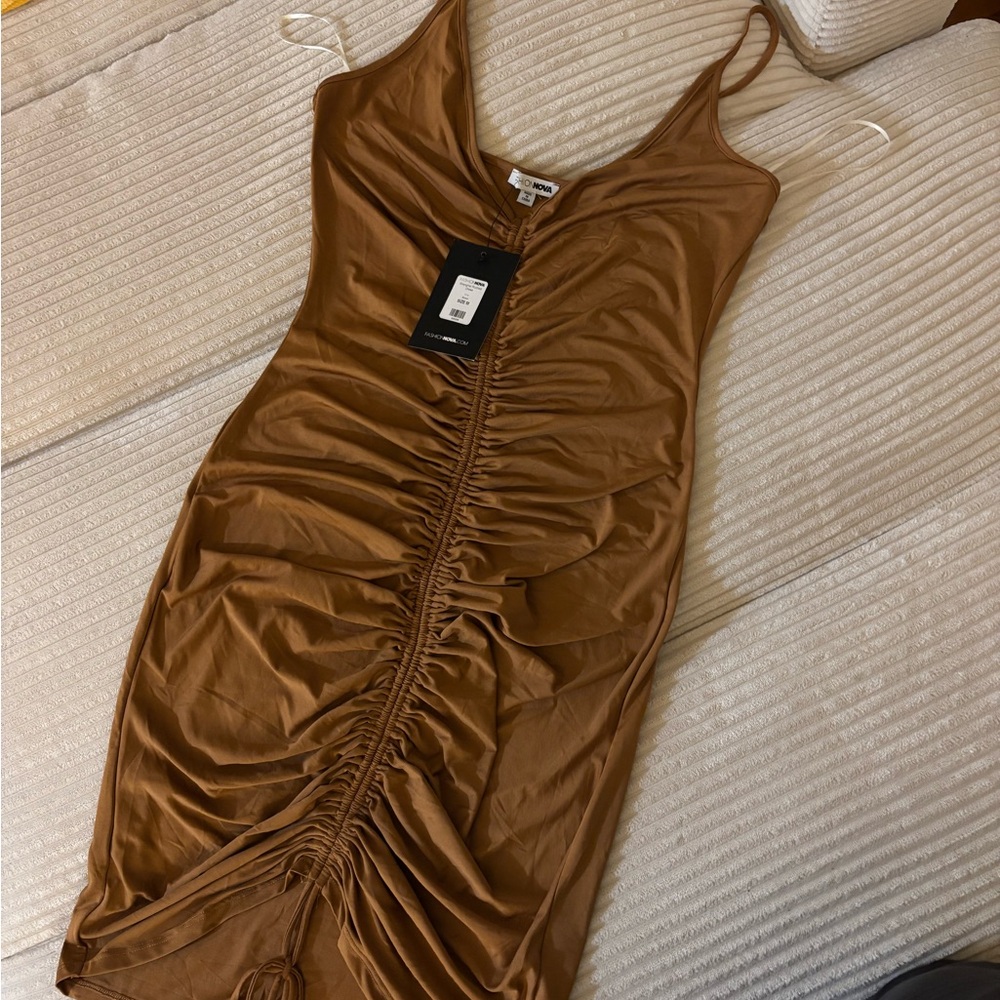 Fashion Nova Brown Ruched Maxi Dress